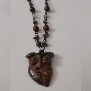 Vtg Ocean Jasper Owl Necklace Gemstone Carved Chain ARTISAN vintage Estate Bird